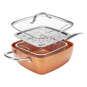 Tigaie patrata multifunctionala cu capac, sita pentru prajit si tava pentru abur, 24x24x9.5cm, aramiu - Img 1