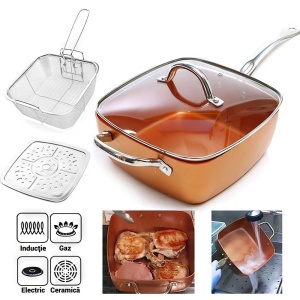 Tigaie patrata multifunctionala cu capac, sita pentru prajit si tava pentru abur, 24x24x9.5cm, aramiu - Img 3