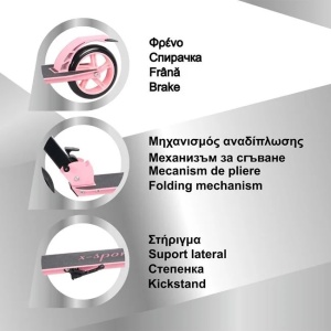 Trotineta din Aluminiu, cu suport, ghidon reglabil, 100 kg, roz cu negru - Img 3