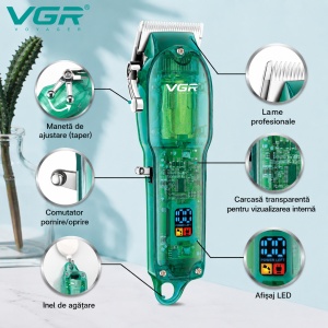 Aparat de tuns Profesional VGR V-660, Autonomie 200 Minute, Lama din Otel Inoxidabil, USB, Reglaj 0.8-12 mm, Afisaj LED, Transparent Verde - Img 5