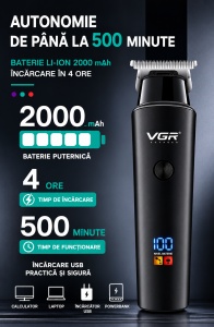 Aparat de tuns profesional VGR V-937, Autonomie 500 minute, Afisaj LED Digital, Lamă din Otel Inoxidabil, Negru - Img 2
