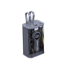 Baterie externa 15000mAh, 22.5W, fast charge, cu cabluri Lightning si USB Type C, afisaj digital, galben-gri - Img 1