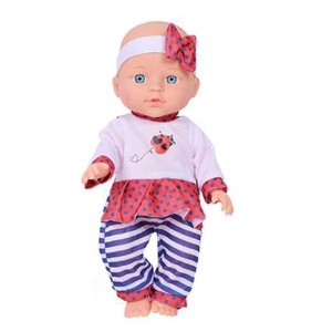 Bebelus de jucarie 18+ luni, cu hainute, biberon si jucarii zornaitoare, plastic, 28 cm, multicolor - Img 3
