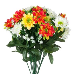 Buchet decorativ din flori artificiale cu frunze verzi, 46 cm, alb/galben/portocaliu - Img 1