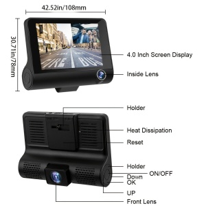 Camera auto cu ecran de 4 inchi, HD 1080px, cu 2 camere frontale si 1 camera marsarier, senzor de miscare si impact, port USB, micofon, negru - Img 9