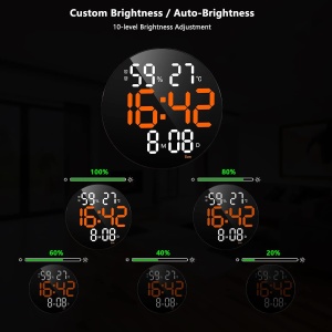 Ceas digital LED de perete, Rotund, Telecomanda, Afisaj Alb-Portocaliu, Culoare Negru - Img 6