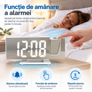 Ceas stil oglinda cu LED si proiectie, Alarma, Display mare - Img 3