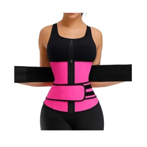 Centura modelatoare, Talie de viespe, cu fermoar si velcro, efect de sauna, neopren, Marime L/XL/XXL, roz - Img 1