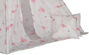 Cort de joaca Tipi, cu cadru de lemn, stil indian cu material imprimat cu pasari flamingo - Img 2