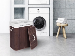 Cos din bambus 2 in 1, pentru haine sau jucarii, cu doua compatimente, pliabil, cu manere si capac - Img 2