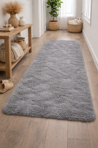 Covoras decorativ pentru hol cu aspect de blanita cu fire lungi, Suprafata antiderapanta, Dimensiune 160x60 cm, Gri
