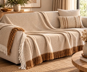 Cuvertura decorativa pentru canapea cu doua locuri, Model franjuri albi si maro, Dimensiune 230x180 cm - Img 2