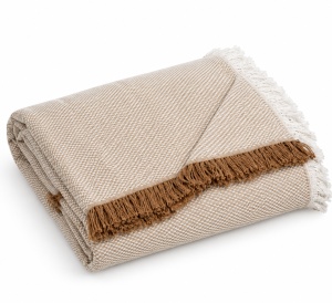 Cuvertura decorativa pentru canapea cu patru locuri, Model cu franjuri, Dimensiune 340x180 cm, Bej