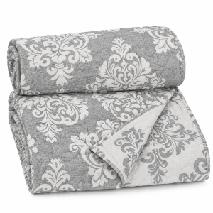Cuvertura pentru pat dublu, cu doua fete, Model Damask, Dimensiune 220x240 cm, Culoare Gri