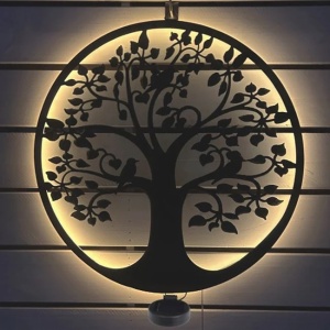 Decoratiune solara din metal, model copac cu pasari, diametru 40cm