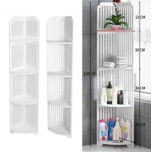 Etajera de colt pentru baie, cu 4 polite, multifunctional, din material rezistent la apa, erganomic, greutate maxima suportata 15 kg, alb - Img 2