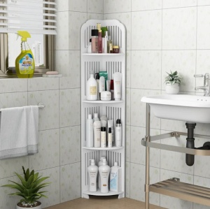 Etajera de colt pentru baie, cu 4 polite, multifunctional, din material rezistent la apa, erganomic, greutate maxima suportata 15 kg, alb - Img 4