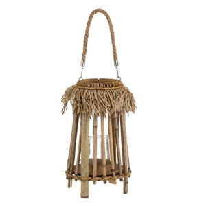 Felinar decorativ conic cu model vertical din stuf cu bile din lemn si maner din franghie, suport de lumanare in interior, suspendabil, Ø16x15 cm, maro - Img 1
