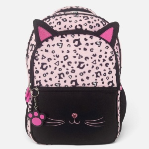Ghiozdan Fete Scoala Primara, Negru/Roz, Model Leopard cu Pisicuta, Urechi 3D, Breloc, Spate Ergonomic, 20L, 30x16x42 cm