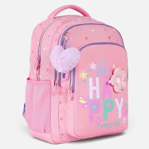 Ghiozdan Fete Scoala Primara Roz Puffy cu Floare, Breloc Inima cu Pompon, Compartiment Laptop, Spate Ergonomic, 23L, 30x17x41 cm - Img 3