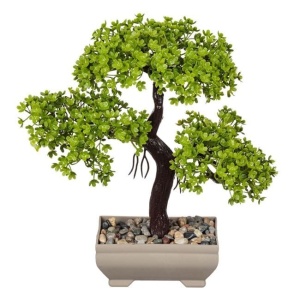 Ghiveci decorativ cu planta artificiala bonsai, decorat cu pietre mici, 22 cm, bej/verde - Img 1