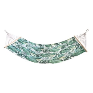 Hamac ecru cu model frunze tropicale verzi, Dimensiune 200x100cm, Material rezistent, Ideal pentru relaxare