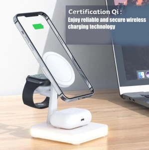 Incarcator wireless 4 in 1, 25W, compatibil cu iPhone, iWatch, Airpod Pro 2 3, cu mufa USB Type-C, lumina LED, Alb - Img 5