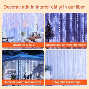 Instalatie Tip Perdea, Cablu Negru, 480 LED-uri, IP65, 6 x 2m, Lumina Alba Calda/Rece, Albastra, Multicolora - Img 10