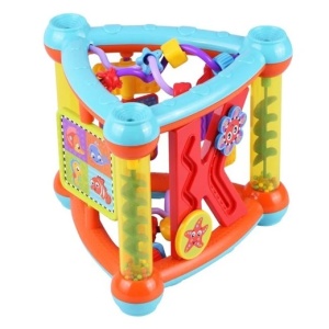 Jucarie educativa cu activitati copii 6+ luni, Forma de triunghi cu 5 laturi, Oglinda rotativa, Margele, Dezvolta abilitatile cognitive si motorii, Plastic, 19x19x20cm, Multicolor - Img 3