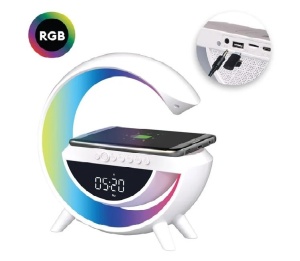 Lampa Smart 7 Culori cu Ceas Difuzor, Wireless, Bluetooth, Incarcare RGB, 1200mAh, 24x9x25 cm, alb - Img 1