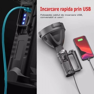 Lanterna Profesionala LED cu acumulator, Incarcare USB, Raza de actiune 1000m, 4 moduri de iluminare, functie Powerbank - Img 5