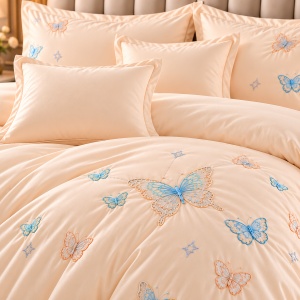 Lenjerie de Pat Matrimonială din Bumbac Satinat, 6 Piese, Cearșaf cu Elastic, Broderie Fluturi,Culoare Piersică - Img 3