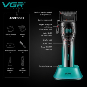 Masina de tuns profesionala VGR V-888C, Motor 7000/8000 RPM, Acumulator 2500 mAh, Display LED, 6 Piepteni Inclusi - Img 2