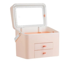 Oglinda Machiaj cu 42 de Becuri LED, Portfard cu Compartimente, 30x20x24.5cm, alb/roz - Img 2