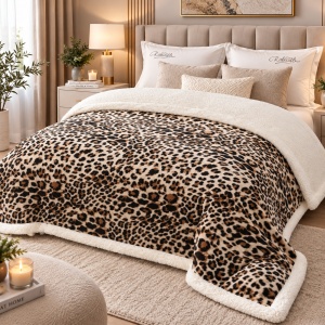 Pătură de pat matrimonială cu captuseala din lână, 200x230 cm, moale, pufoasă și călduroasă, model Leopard - Img 3
