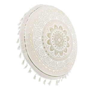 Perna de podea rotunda, model mandala cu franjuri, fara fermoar, Ø60 cm, bej/auriu - Img 2