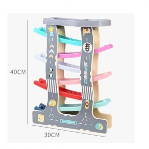 Pista cu 8 masinute, circuit cu rampe colorate, din lemn si plastic, pentru copii 3 ani+, 40x30cm, multicolor - Img 6