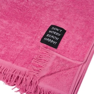 Prosop pentru Plaja, cu Patch Don't Worry Beach Happy, din Bumbac, 90x170cm, Roz - Img 2