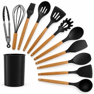 Set 12 piese ustensile de bucătărie, silicon negru, mânere din lemn, suport inclus