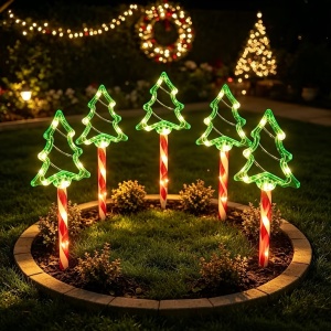 Set 5 x Acadele luminoase cu bradut, Decoratiune de Craciun pentru exterior, Incarcare solara, Dimensiune 40 cm, Alb Cald - Img 7