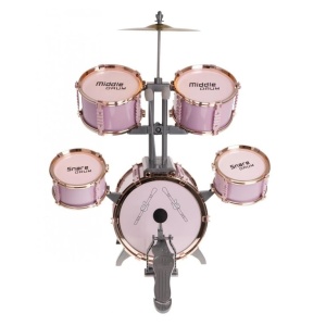Set cu 5 tobe de jazz, un chimval metalic, 2 ciocane si un scaunel, pentru copii 3 ani+, verde/roz - Img 6