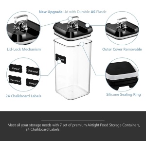 Set cu 7 cutii ermetice pentru alimente, design stivuibil, plastic, capac negru, recipient transparent - Img 6