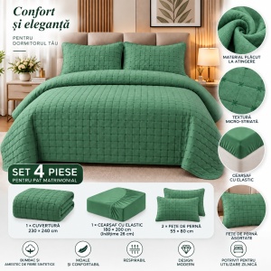 Set Cuvertură Pat Matrimonial 4 Piese Bumbac, Cuvertură 230x240 cm, Cearșaf cu Elastic 180x200 cm, 2 Fețe de Pernă 55x80 cm,Culoare Verde - Img 3