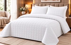 Set Cuvertură Pat Matrimonial 4 Piese Bumbac, Cuvertură 230x240 cm, Cearșaf cu Elastic 180x200 cm, 2 Fețe de Pernă 55x80 cm, Culoare Alb