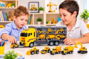 Set de Joaca Tir Transportator cu 6 Utilaje de Constructii, Camioane si Masinute de Santier - Img 6
