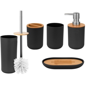Set pentru baie 6 in 1, cu perie WC, cos gunoi, dispenser sapun, suport sapun si pahare periute dinti, plastic si bambus, negru - Img 4