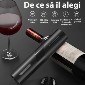 Set Tirbuson Electric, 4 in 1 cu taietor de folie, dop de vid si aerator/varsator de vin, Desfacator Pentru Vin, Premium, Multifunctional, Negru - Img 3