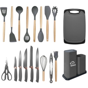 Set ustensile bucatarie Welora 19 piese Lemn si Silicon alimentar, Cutite, Tocator, Termorezistente, Antiaderente, Suport Blat, Negru/Gri/Turcoaz - Img 2