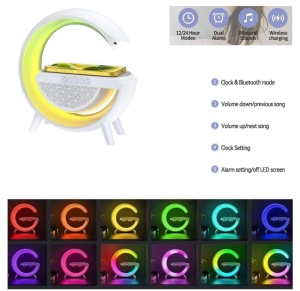 Statie incarcare wireless multifunctionala cu Lampa LED RGB, Boxa Bluetooth, Ceas - Img 5