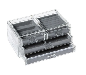 Suport organizator acrilic cu 4 spatii pentru bijuterii, Dimensiune 24x13.5x13cm, Transparent/Gri